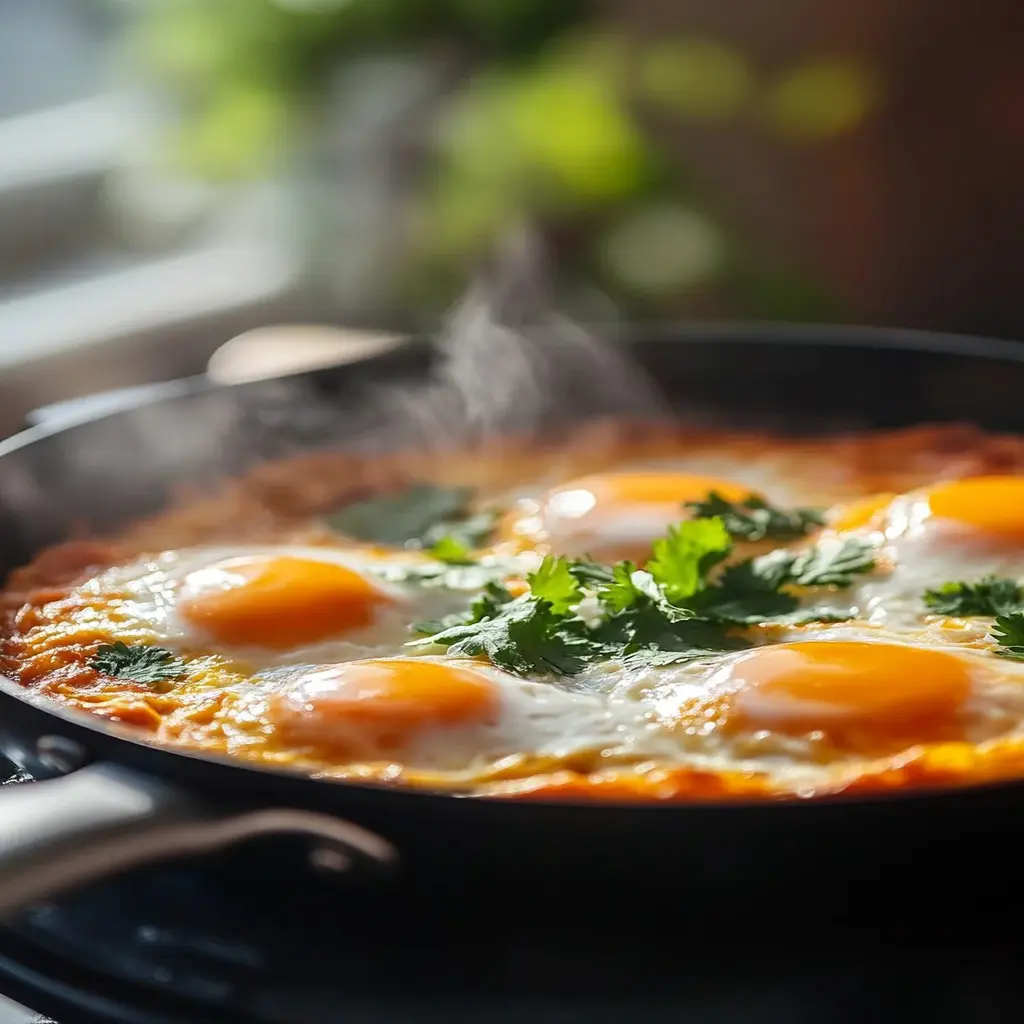 Traditional Shakshuka dish with poached eggs in a spiced tomato and pepper sauce, garnished with fresh herbs